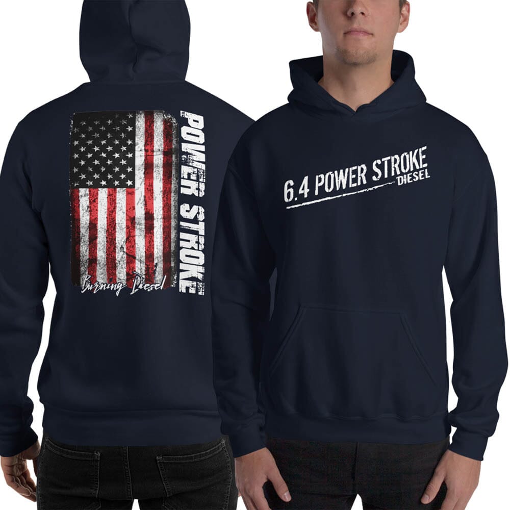 Man Posing in 6.4 Power Stroke Diesel Hoodie Sweatshirt With American Flag On Back From Aggressive Thread Truck Apparel - Color Navy