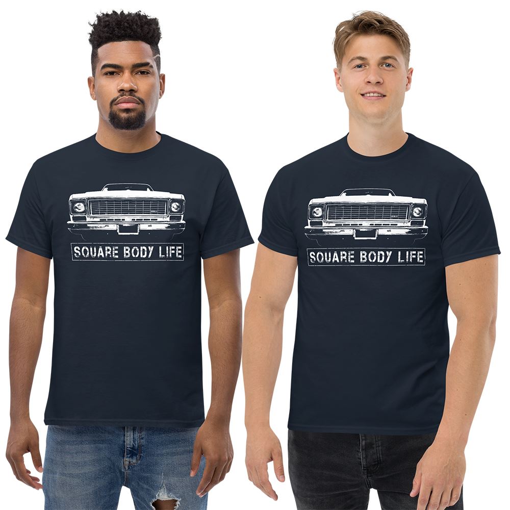 Men wearing a 73-75 Square Body T-Shirt in navy from Aggressive Thread