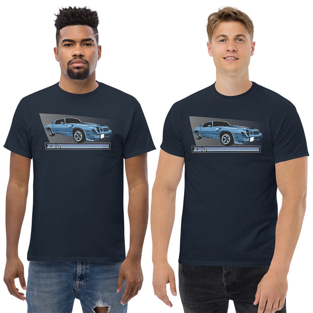 Men Posing In 2nd Gen Z28 Camaro T-Shirt From Aggressive Thread - Color Navy