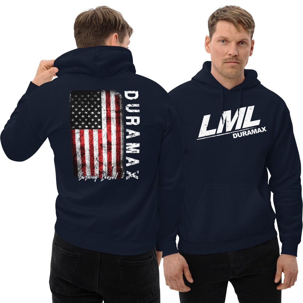 Man Posing in LML Duramax Hoodie With American Flag. Color Navy