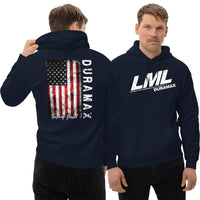 Thumbnail for Man Posing in LML Duramax Hoodie With American Flag. Color Navy