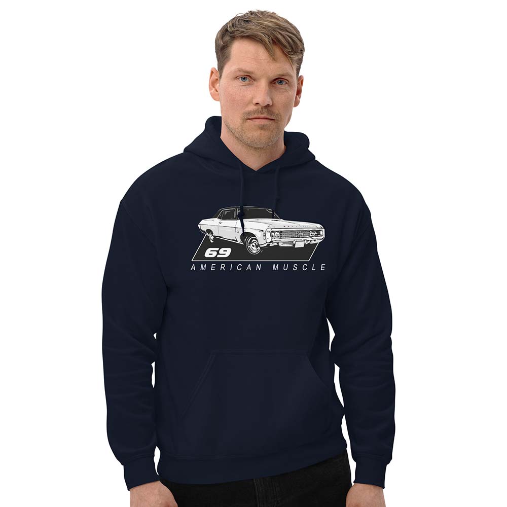 man modeling 69 Impala Hoodie in navy