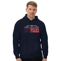 Thumbnail for man modeling 24v Cummins Hoodie From Aggressive Thread in navy