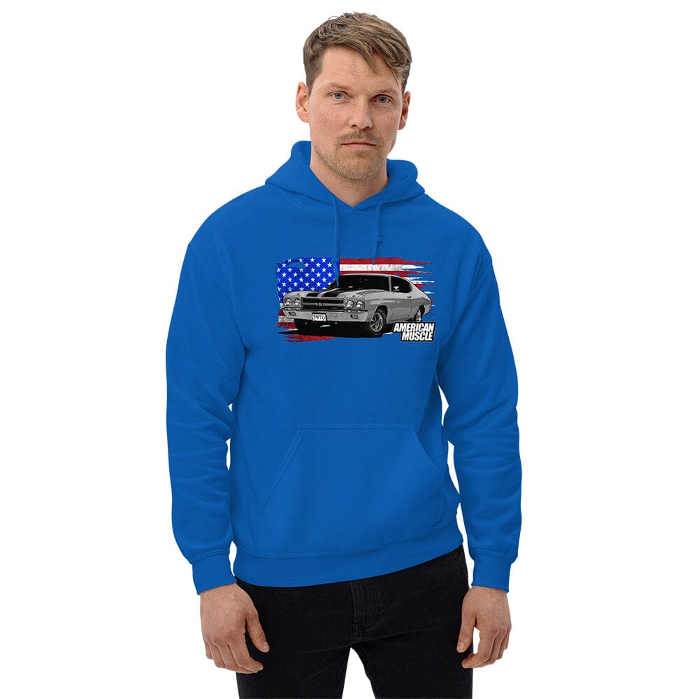 1970 Chevrolet Chevelle Sweatshirt Hoodie From Aggressive Thread - BlueMan Wearing a 1970 Chevrolet Chevelle Sweatshirt Hoodie From Aggressive Thread - Blue