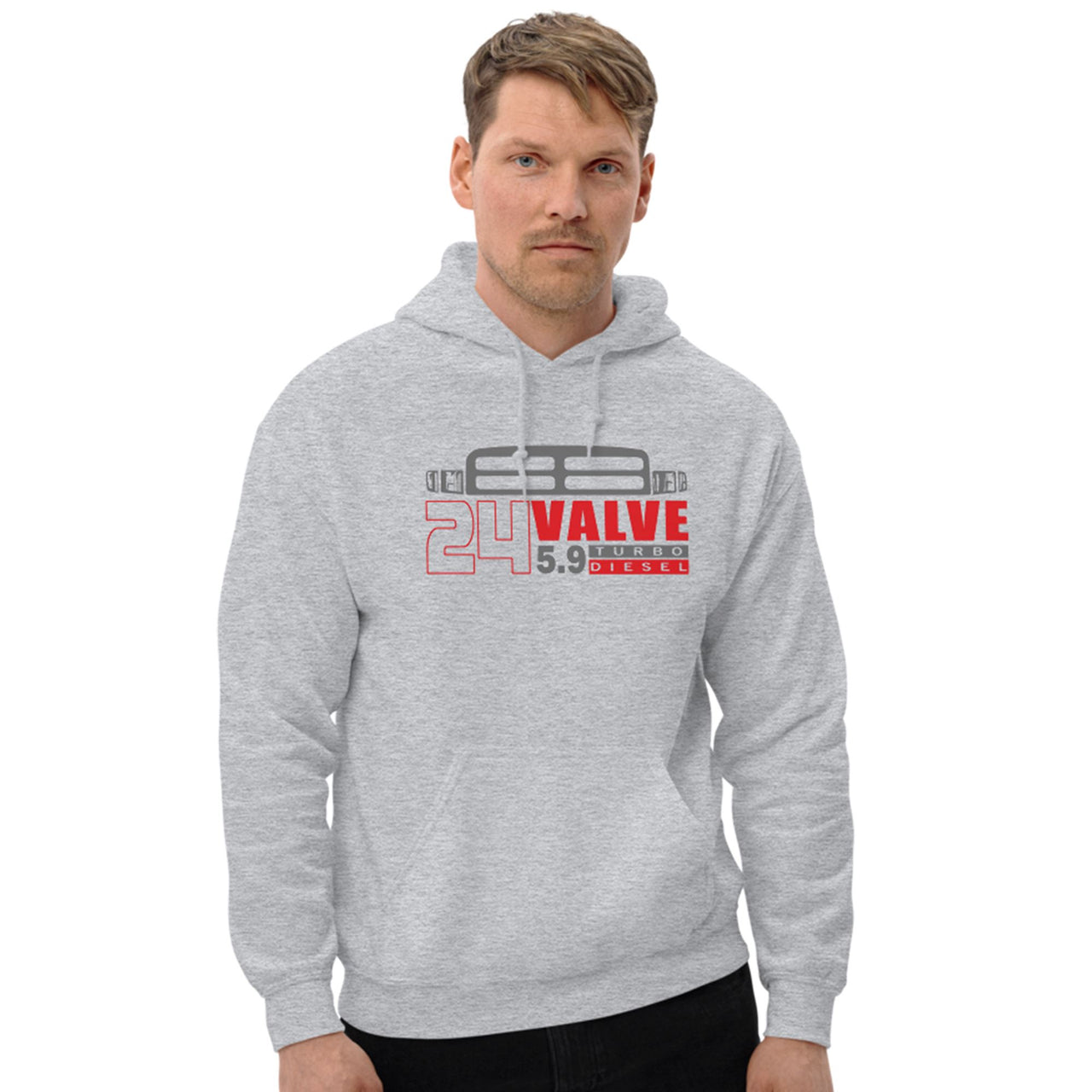 man modeling 24v Cummins Hoodie From Aggressive Thread in grey