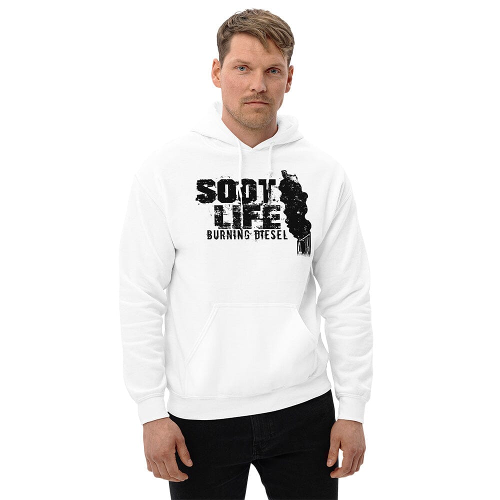 Man Posing In Soot Life Diesel Truck Hoodie From Aggressive Thread - White