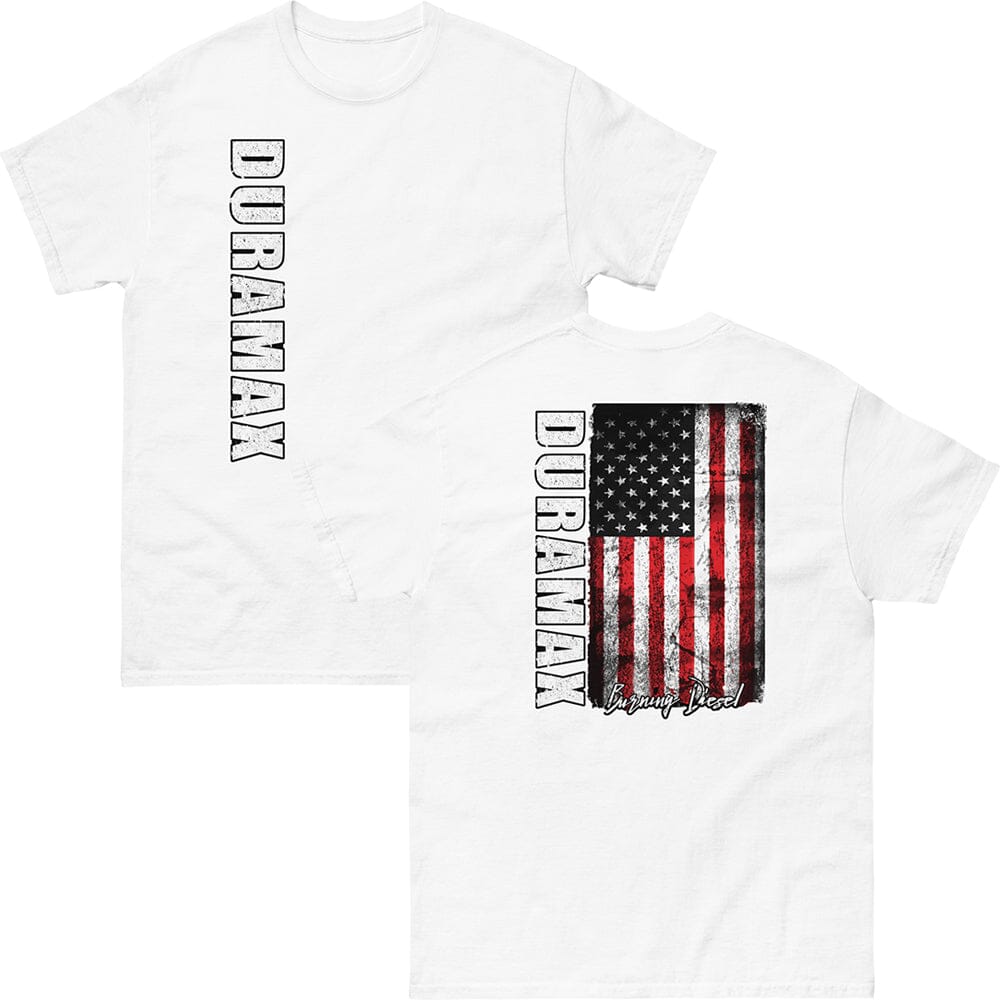 Duramax T-Shirt With American Flag From Aggressive Thread in Black - Front And Back View in White