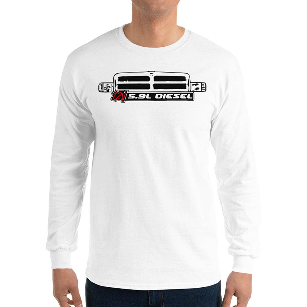 man modeling 12v Cummins Second Gen Dodge Ram Long Sleeve in white