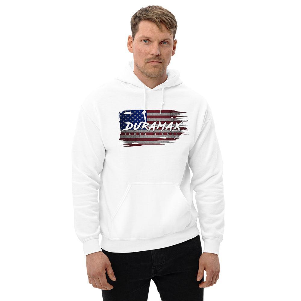 Man Wearing a Duramax American Flag Hoodie in White From Aggressive Thread