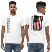 Thumbnail for man Wearing a Duramax T-Shirt With American Flag From Aggressive Thread in Black - Front And Back View in white