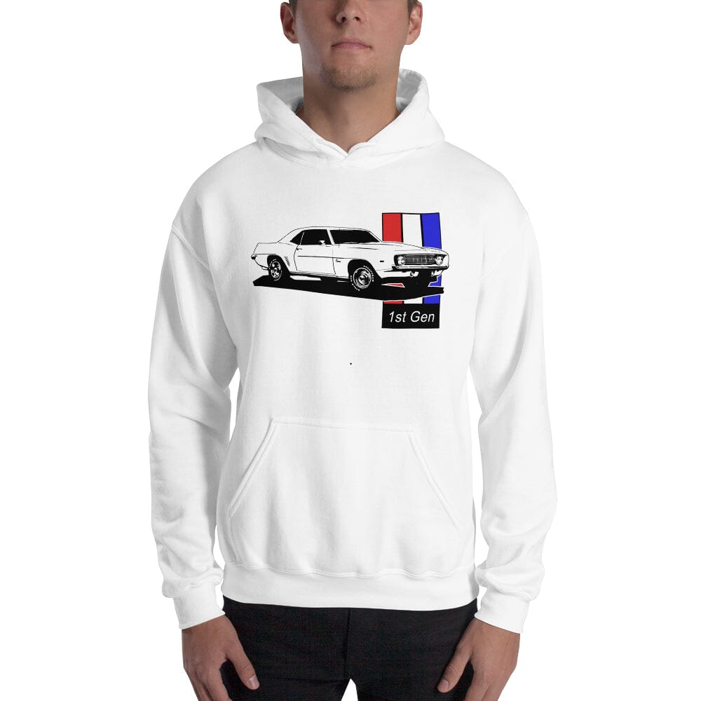 Man Wearing 69 Camaro Hoodie From Aggressive Thread - white