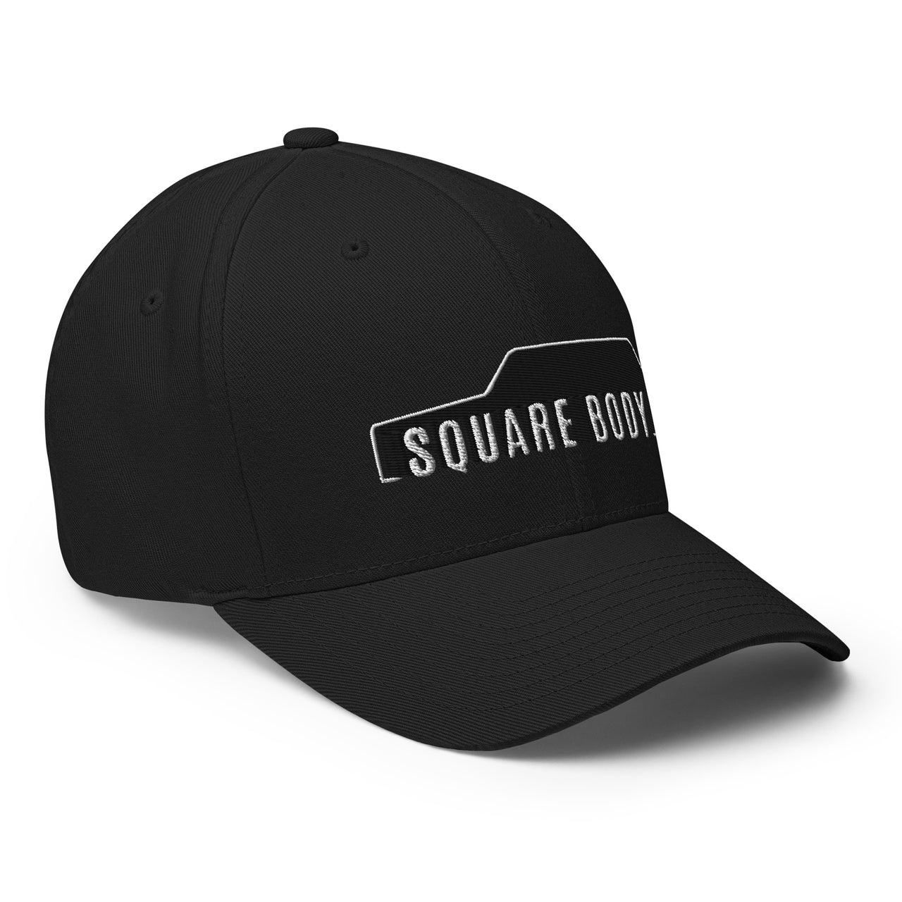 3/4 view of Man wearing a K5 Blazer Square Body Hat From Aggressive Thread in Black