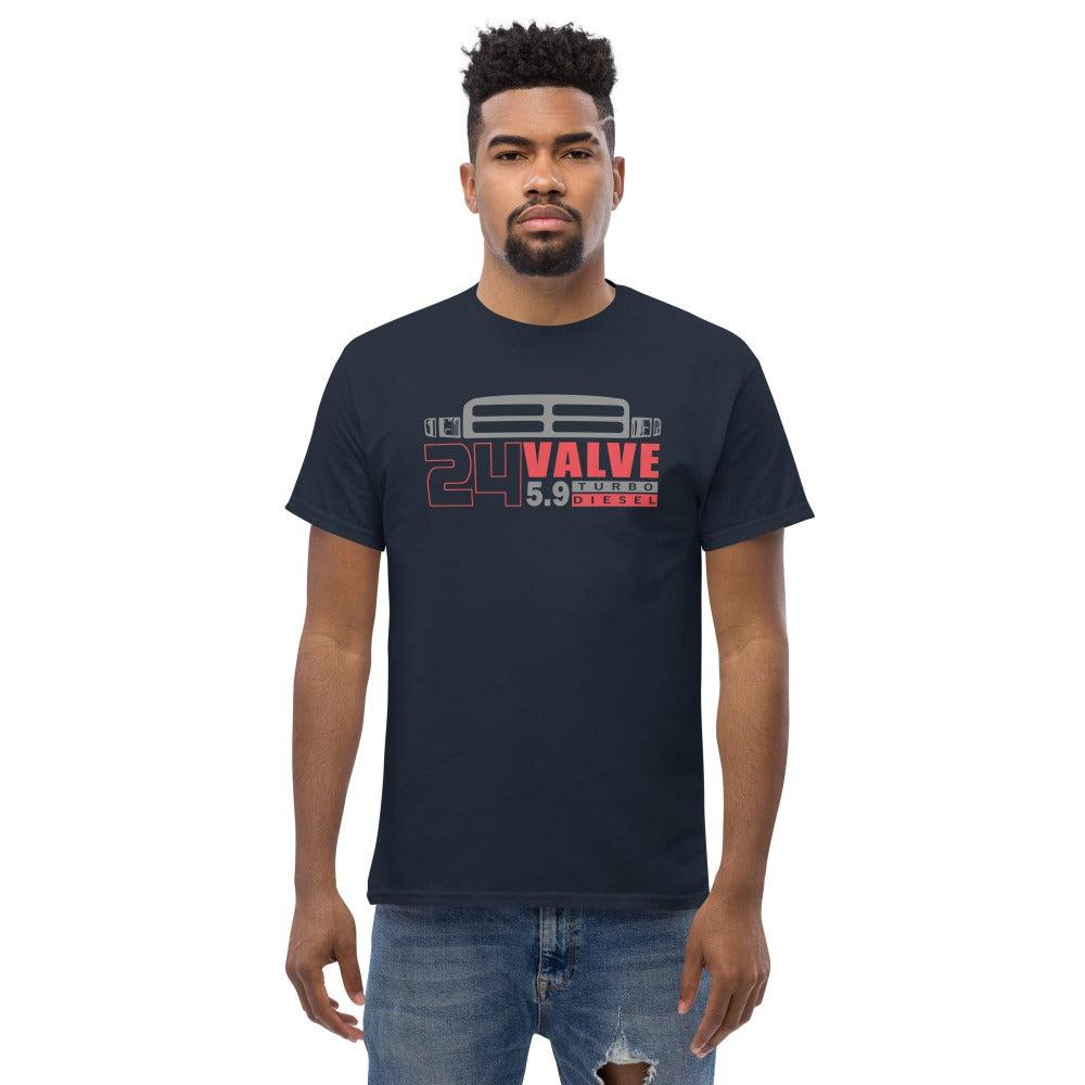 thin man modeling 24v Cummins Diesel Engine Second Gen T-Shirt in navy