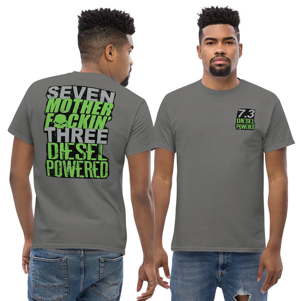 man modeling 7.3 Powerstroke T-Shirt Seven MF'N Three Diesel Powered - in charcoal