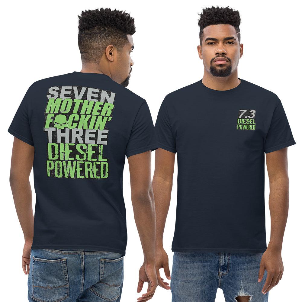 man modeling 7.3 Powerstroke T-Shirt Seven MF'N Three Diesel Powered - in navy