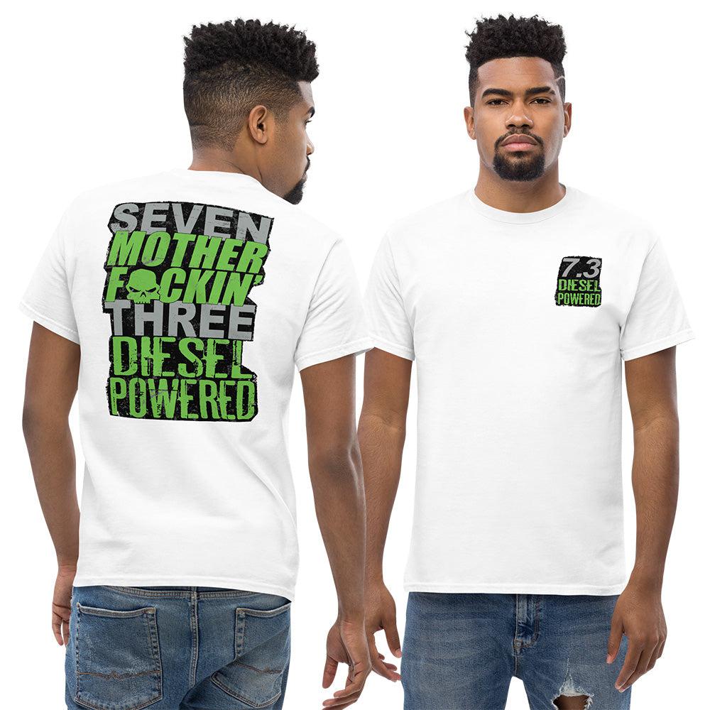 man modeling 7.3 Powerstroke T-Shirt Seven MF'N Three Diesel Powered - in white