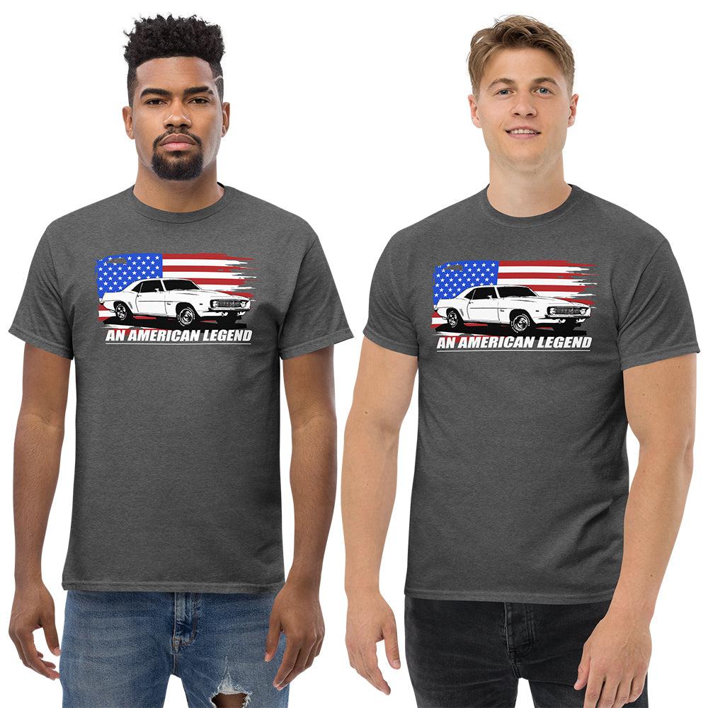 men modeling 1969 camaro t-shirt in dark heather