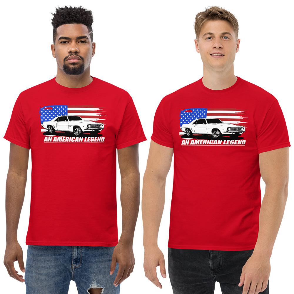 men modeling 1969 camaro t-shirt in red