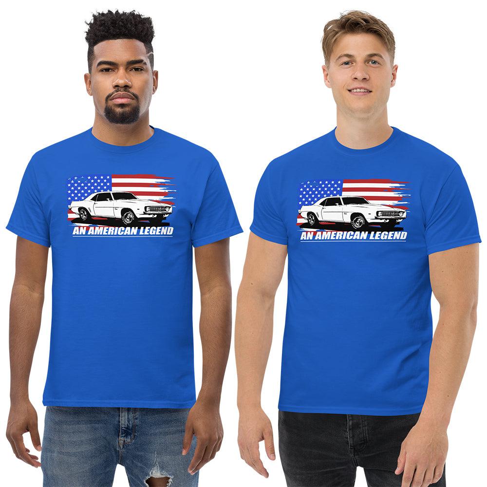 men modeling 1969 camaro t-shirt in royal