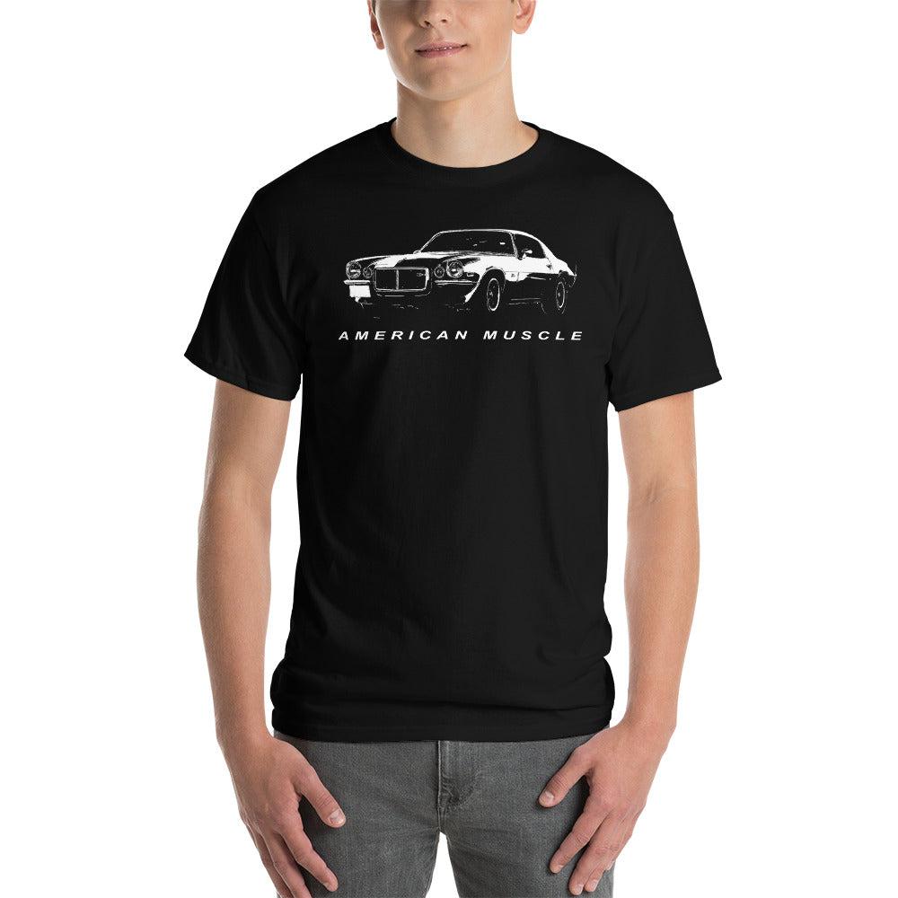 Man Wearing a 1970-1973 Split Bumper Camaro T-Shirt | Aggressive Thread Muscle Car Apparel