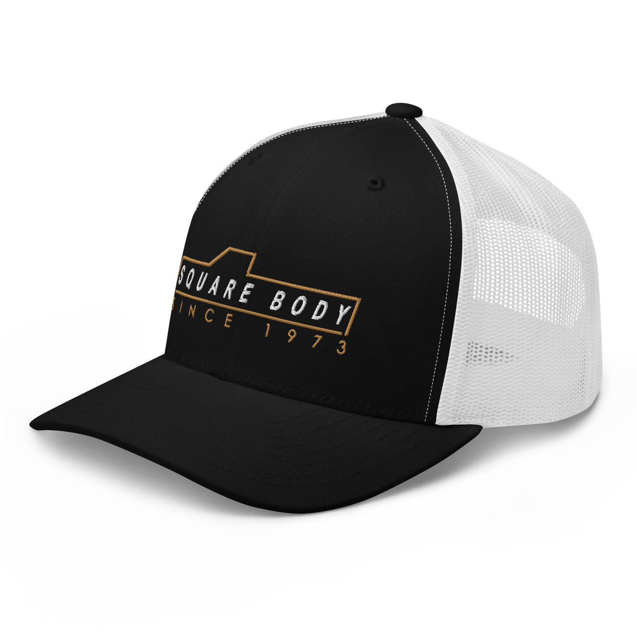 3/4 view of square body trucker hat in black and white- Aggressive Thread Auto Apparel