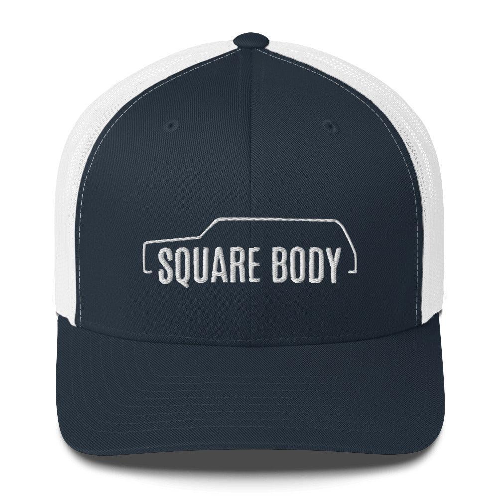 square body suburban trucker hat from aggressive thread in navy and white