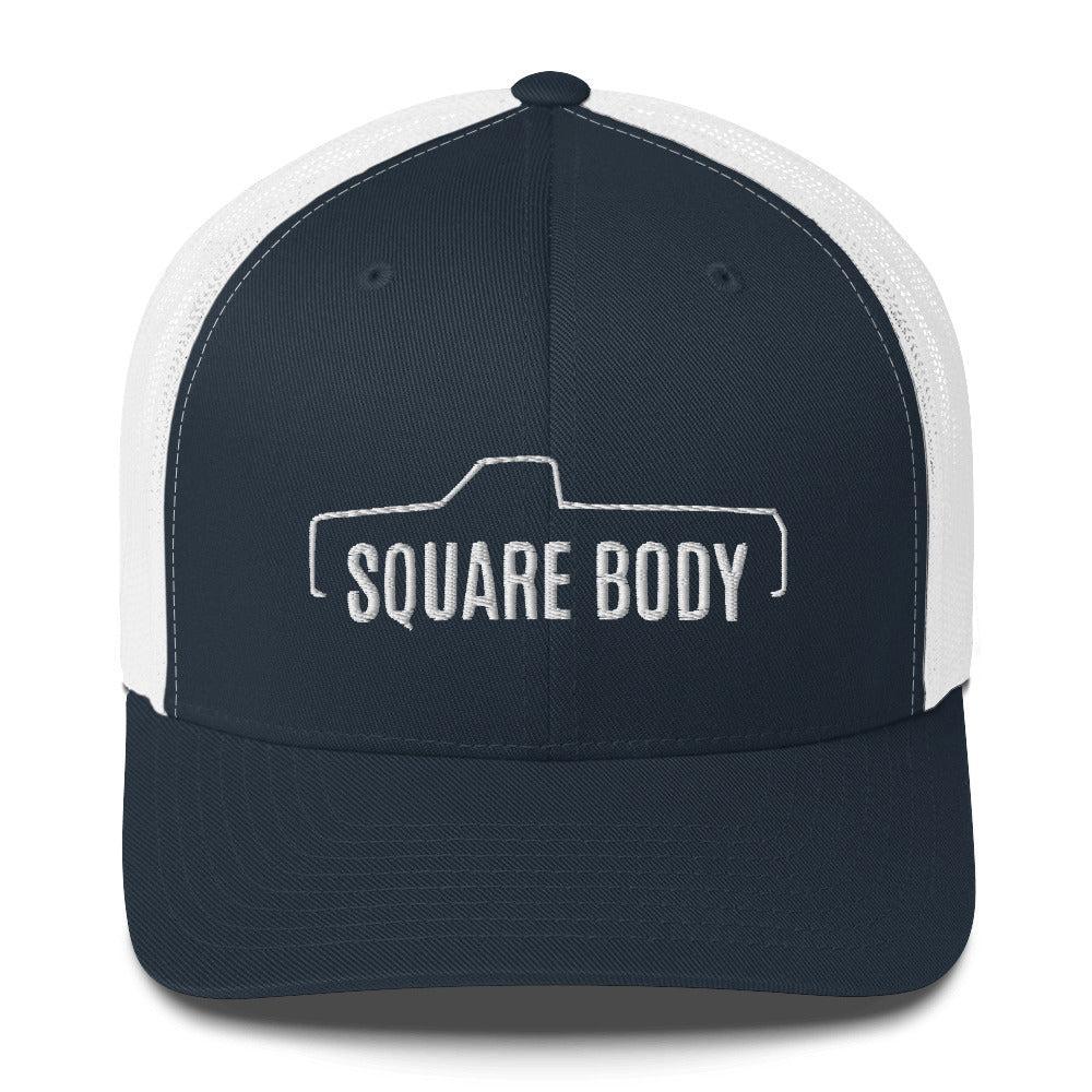 Square body c10 k10 trucker hat from aggressive thread in navy and white