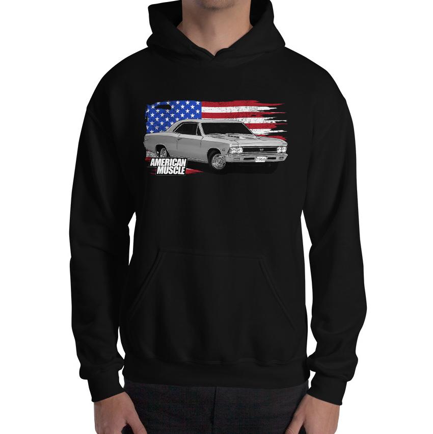 man modeling 1966 Chevrolet Chevelle Hoodie in black1966 Chevelle Car Hoodie Sweatshirt With American Flag design - modeled in black