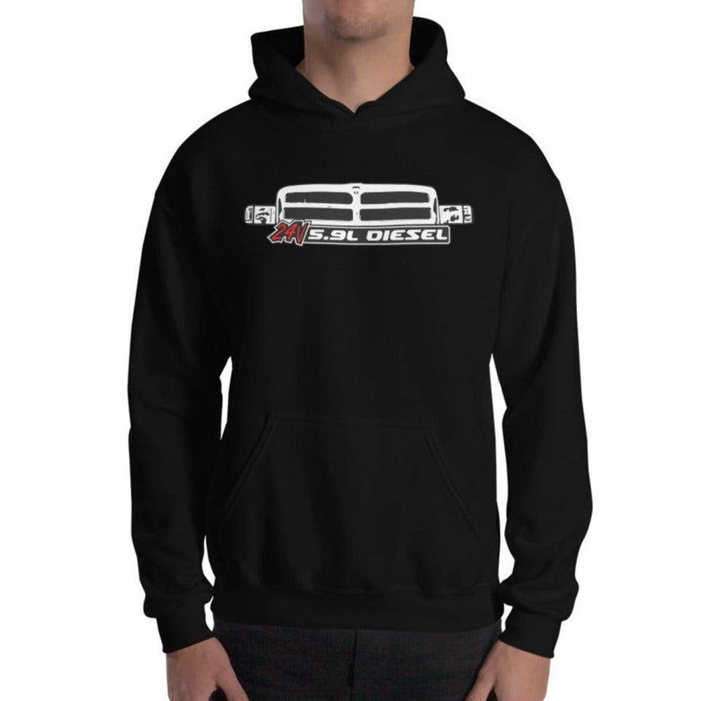 Man modeling 24v Diesel 2nd Gen Second Gen Grille Hoodie in black