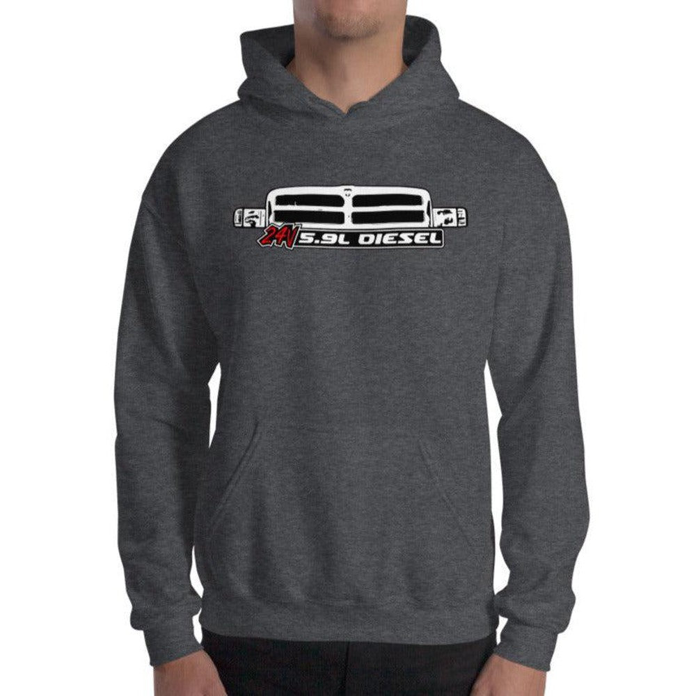 Man modeling 24v Diesel 2nd Gen Second Gen Grille Hoodie in grey