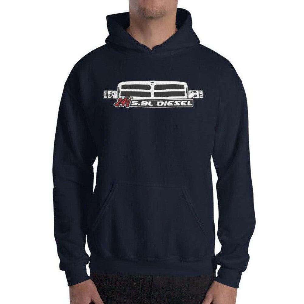 Man modeling 24v Diesel 2nd Gen Second Gen Grille Hoodie in navy