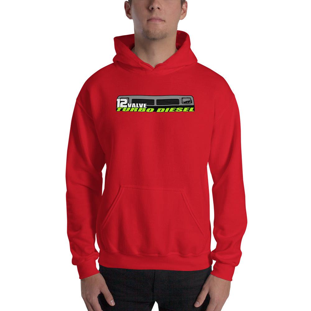 First Gen 12 Valve Diesel Truck Hoodie Sweatshirt modeled in red