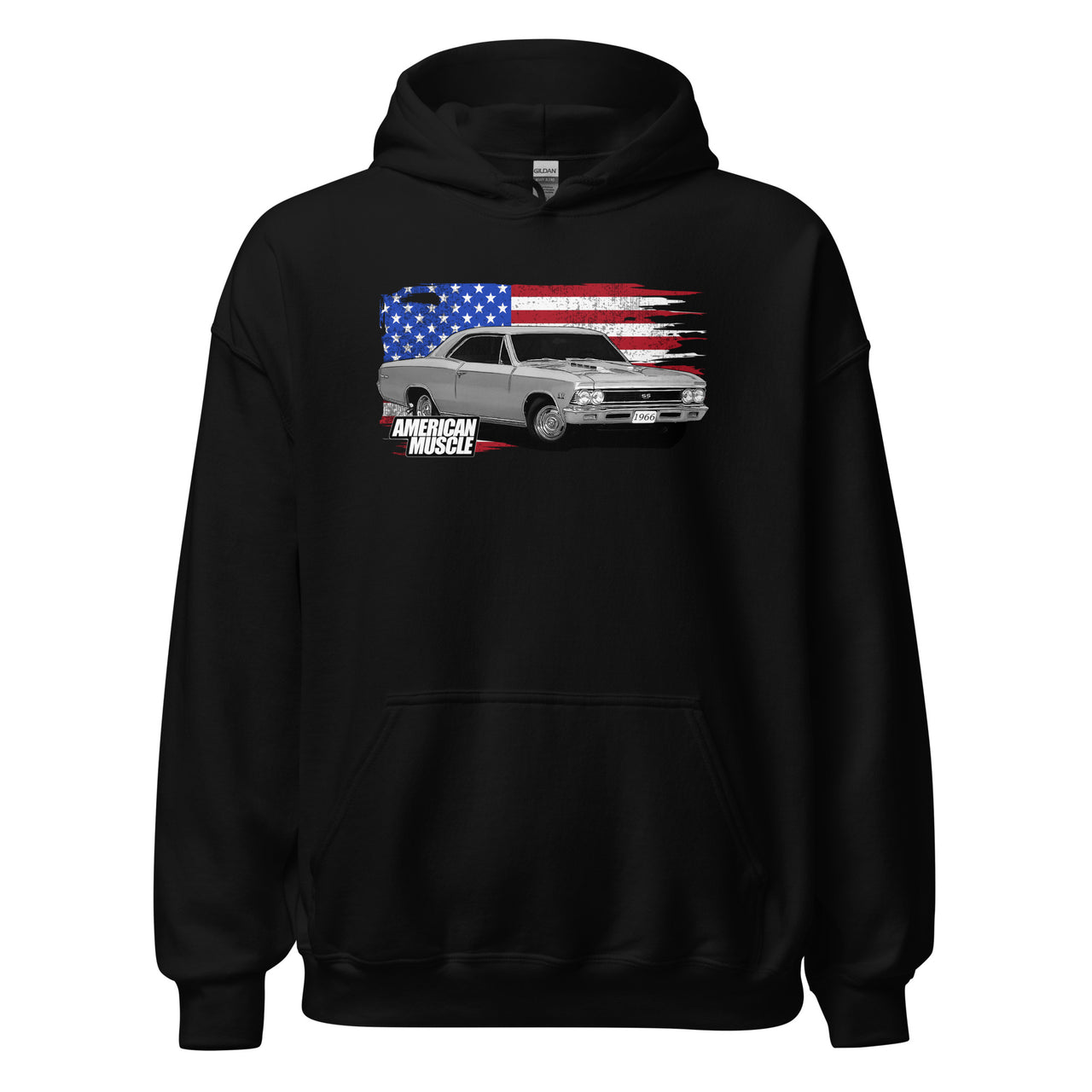 1966 Chevelle Car Hoodie Sweatshirt With American Flag design - in black