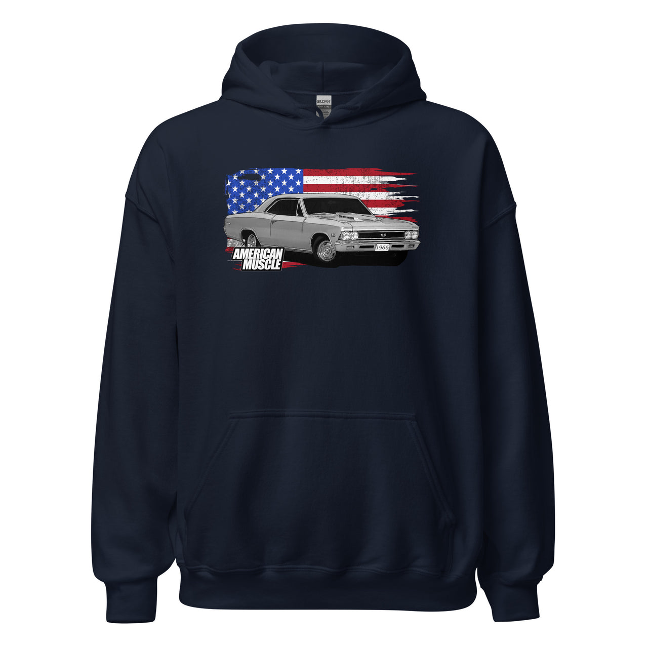 1966 Chevelle Car Hoodie Sweatshirt With American Flag design - in navy