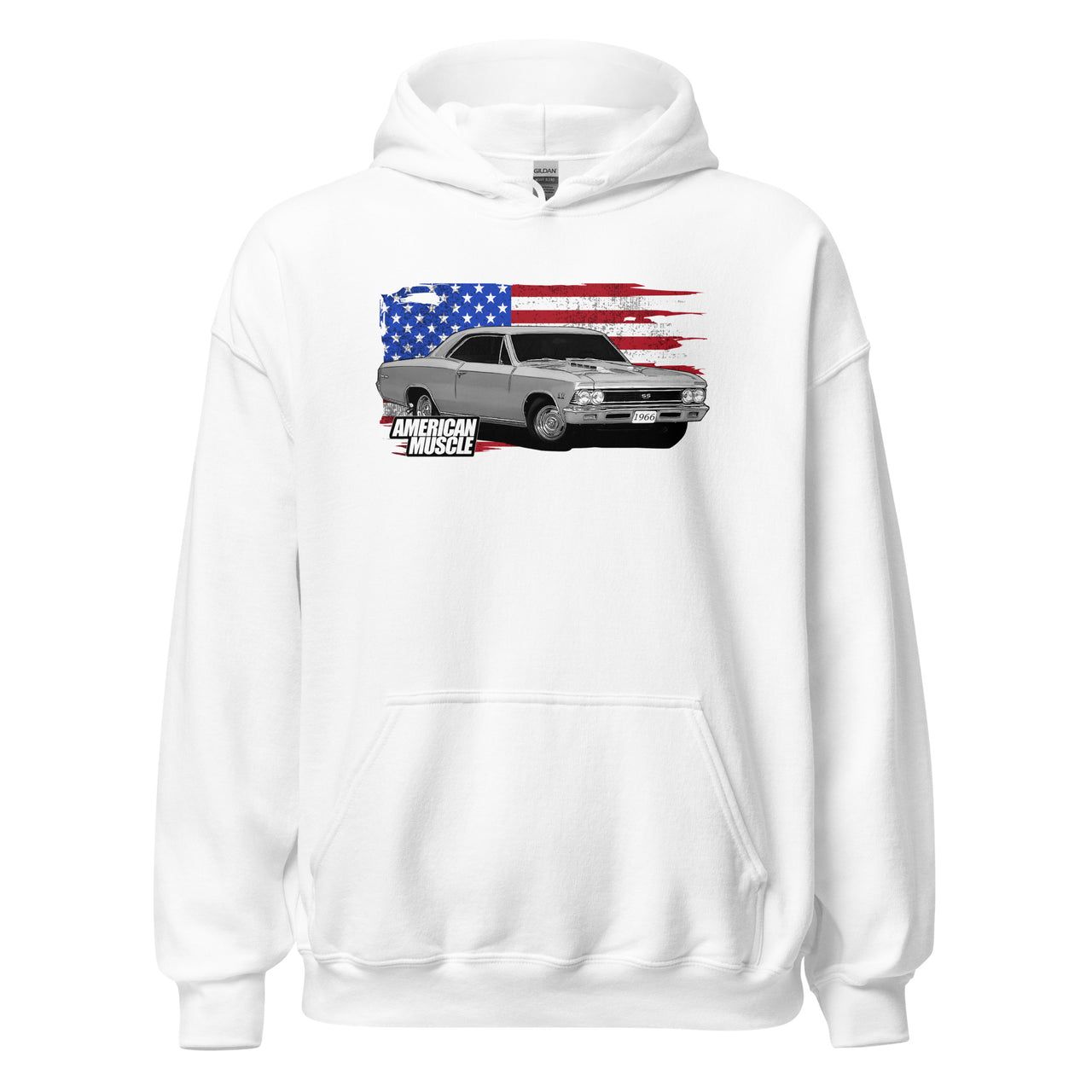 1966 Chevelle Car Hoodie Sweatshirt With American Flag design - in white