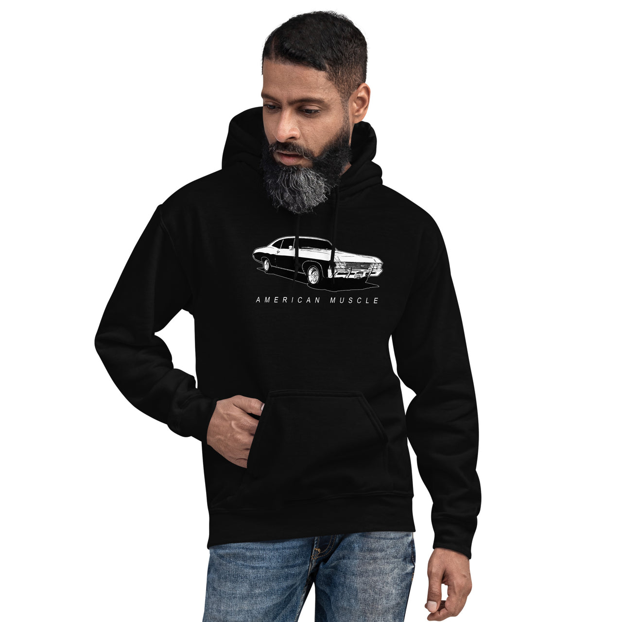 1967 Impala Hoodie American Muscle Car Sweatshirt modeled in black