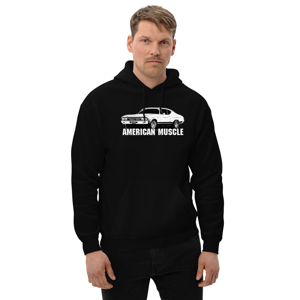 man modeling a 1968 chevelle hoodie in black