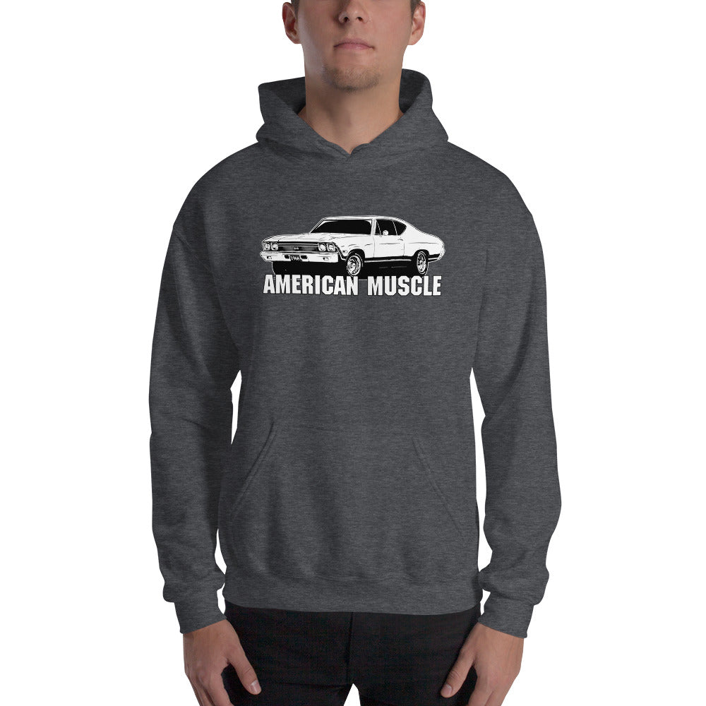 man modeling a 1968 chevelle hoodie in grey