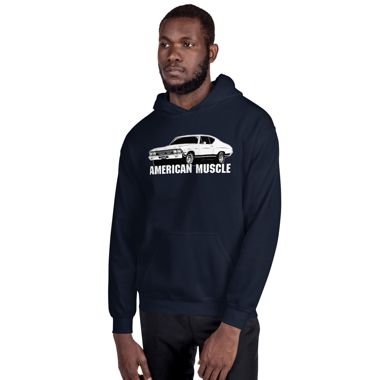 man modeling a 1968 chevelle hoodie in navy