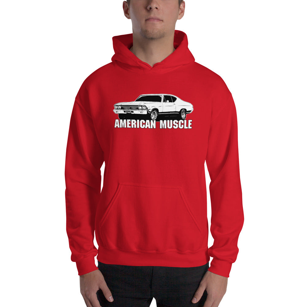 man modeling a 1968 chevelle hoodie in red