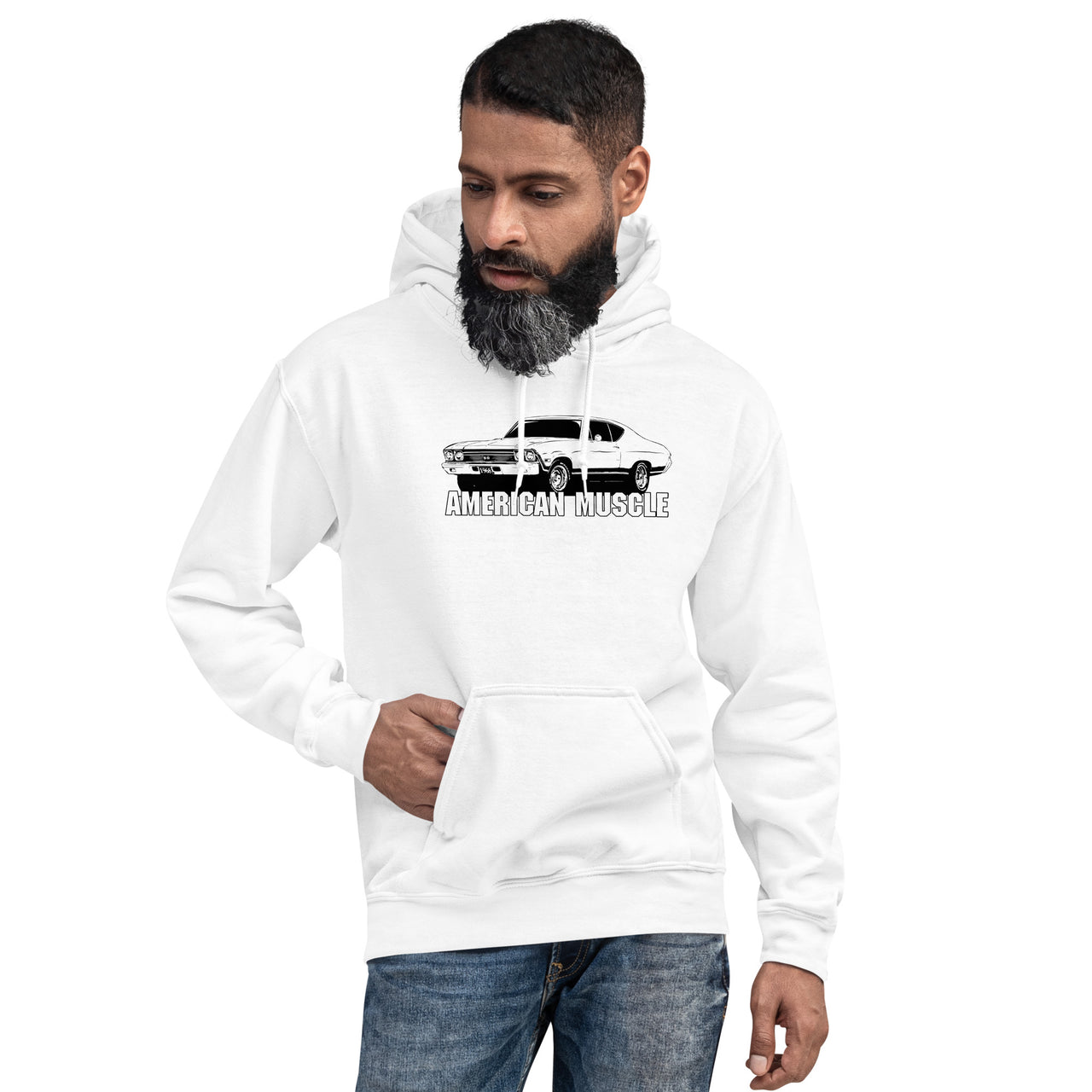 man modeling a 1968 chevelle hoodie in white