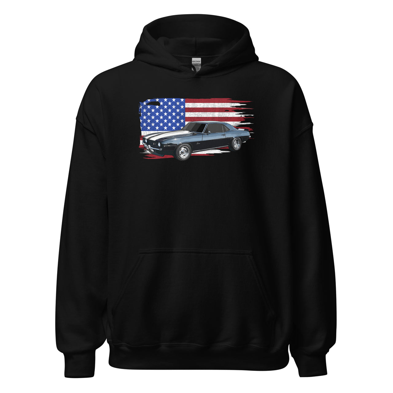 69 Camaro Hoodie With American Flag Background-In-Black-From Aggressive Thread