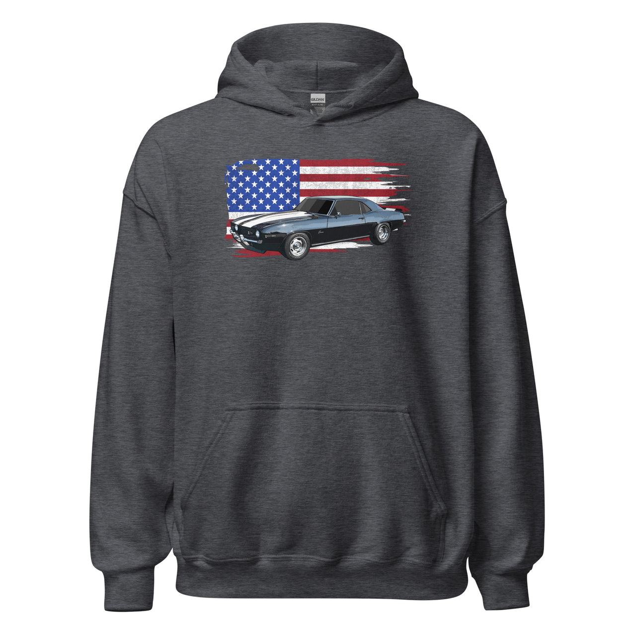 69 Camaro Hoodie With American Flag Background-In-Dark Heather-From Aggressive Thread