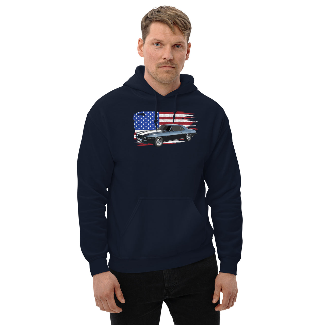 69 Camaro Hoodie With American Flag Background-In-White-From Aggressive Thread