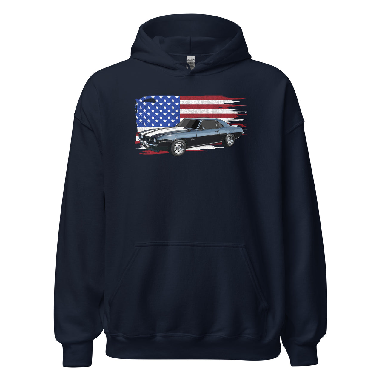 69 Camaro Hoodie With American Flag Background-In-Navy-From Aggressive Thread