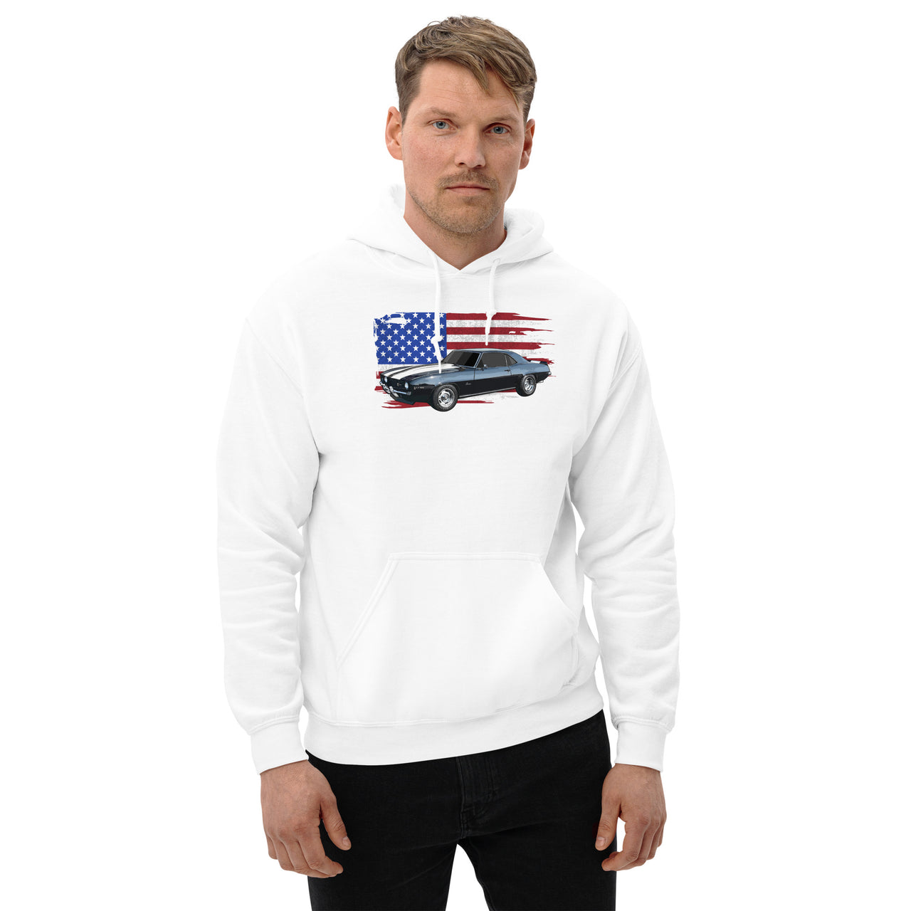 69 Camaro Hoodie With American Flag Background-In-White-From Aggressive Thread