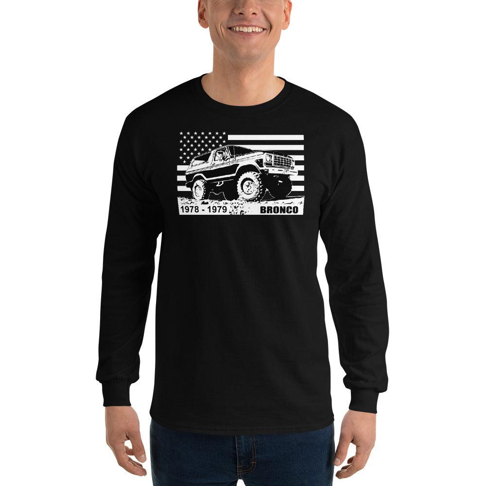78-79 Bronco Long Sleeve T-Shirt modeled in black