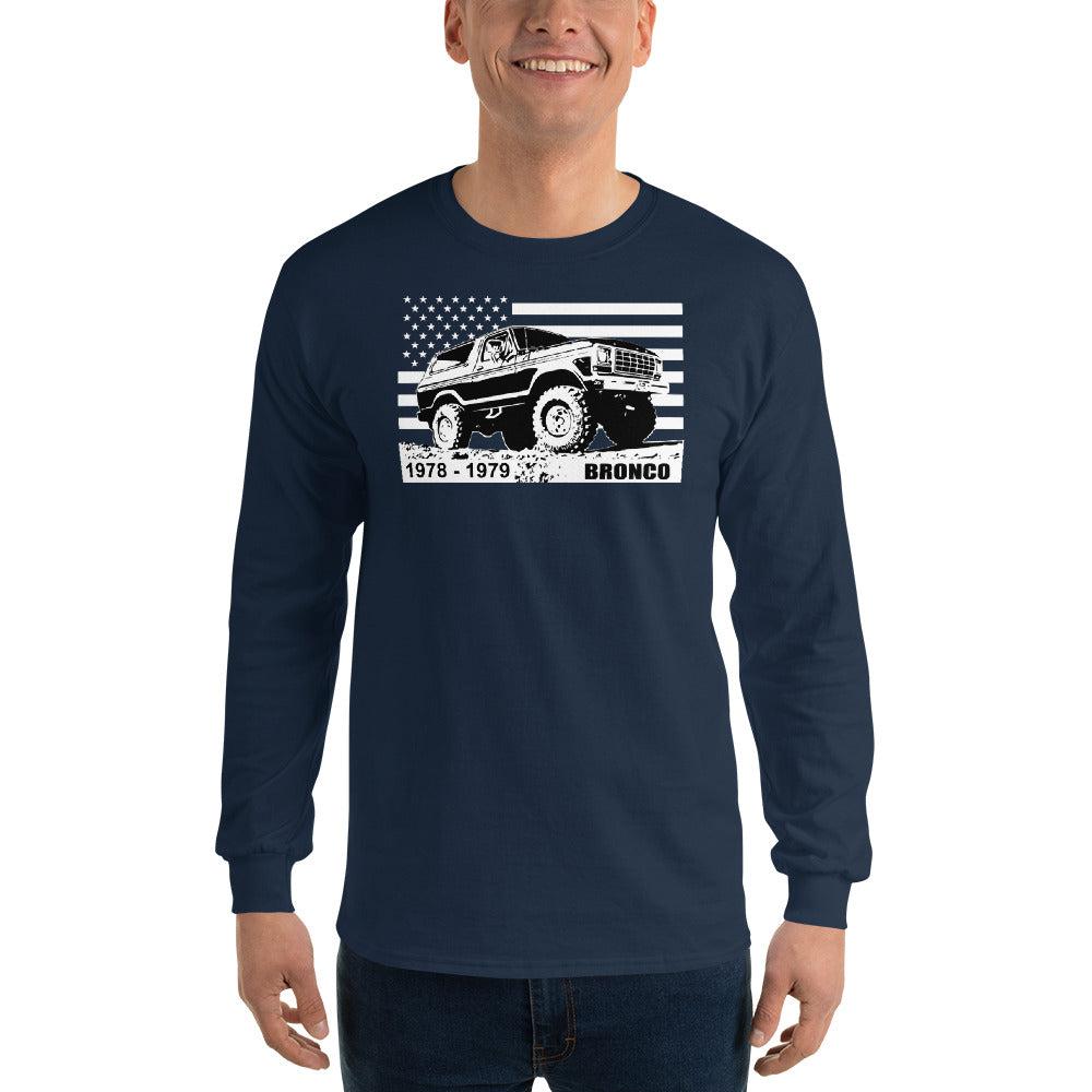 78-79 Bronco Long Sleeve T-Shirt modeled in navy