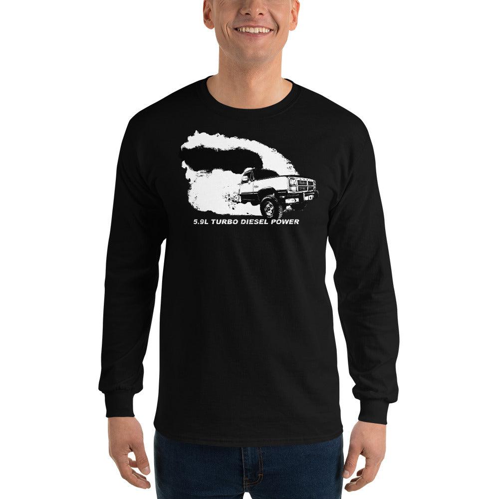 1st gen diesel truck rolling coal long sleeve shirt modeled in black