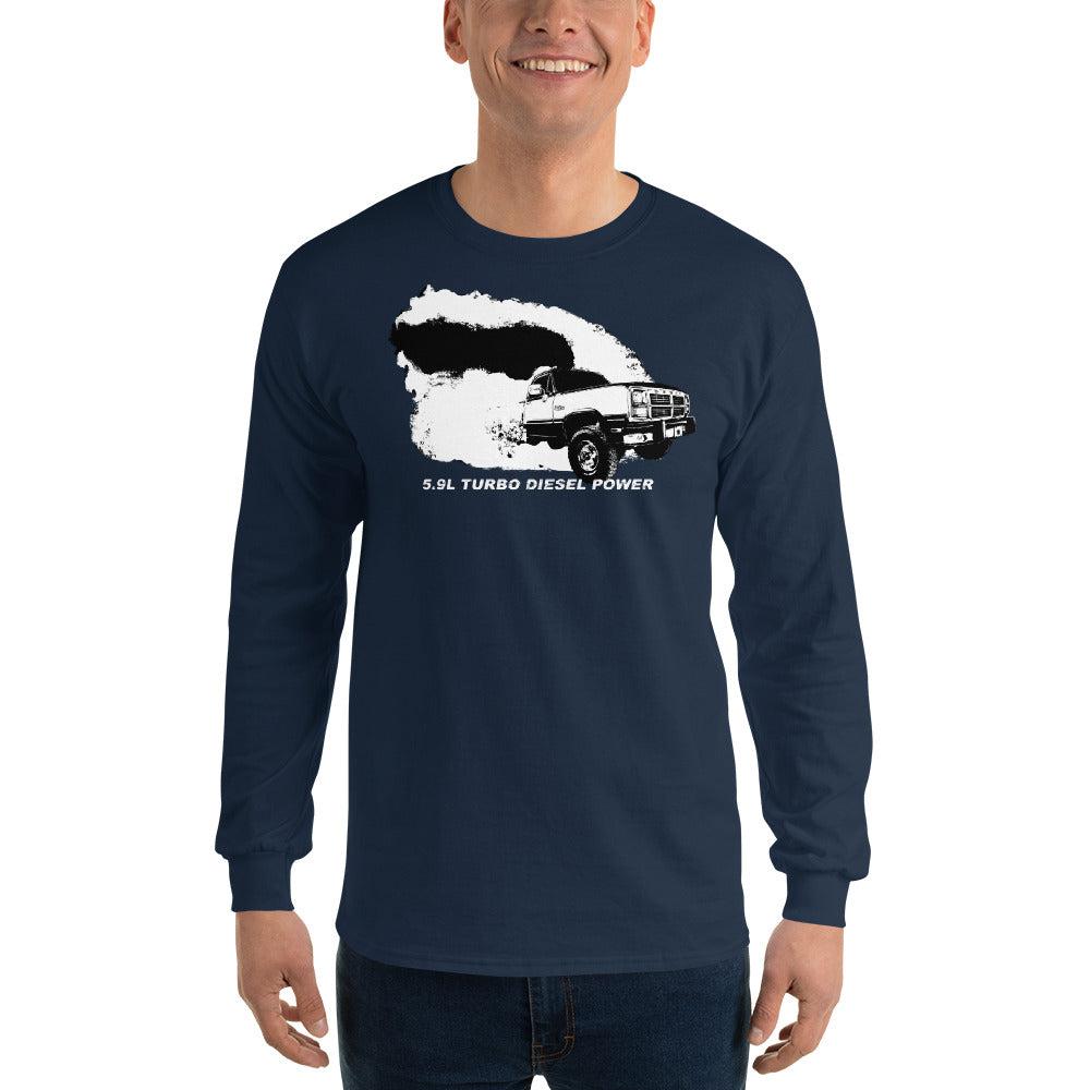 1st gen diesel truck rolling coal long sleeve shirt modeled in navy